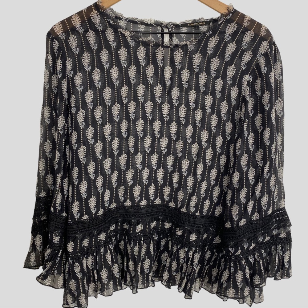 Kobi Halperin Black + Cream Semi Sheer Appliqué Trim Top